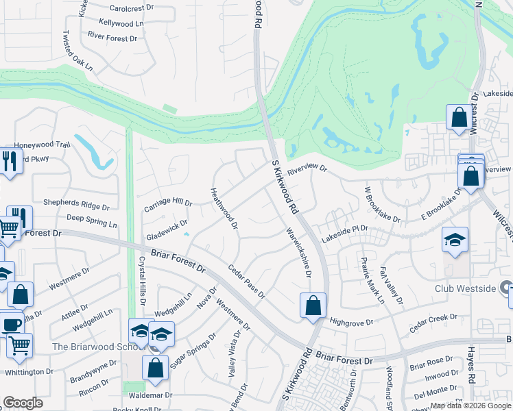 map of restaurants, bars, coffee shops, grocery stores, and more near 11923 Riverview Drive in Houston
