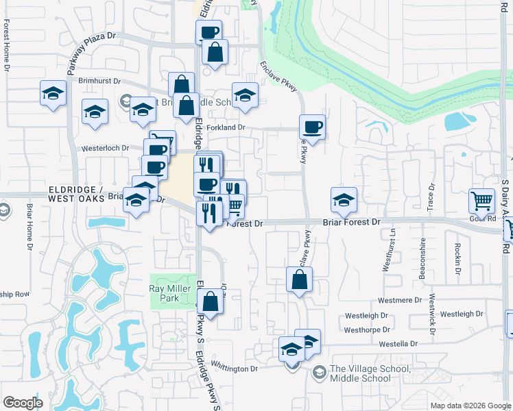 map of restaurants, bars, coffee shops, grocery stores, and more near 13202 Briar Forest Drive in Houston