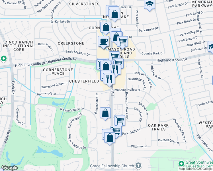 map of restaurants, bars, coffee shops, grocery stores, and more near 1820 Mason Road in Katy