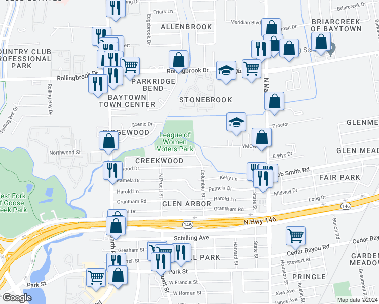 map of restaurants, bars, coffee shops, grocery stores, and more near 402 Riverbend Street in Baytown