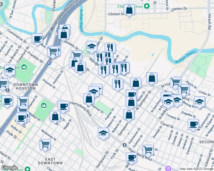 map of restaurants, bars, coffee shops, grocery stores, and more near 2802 Canal Street in Houston