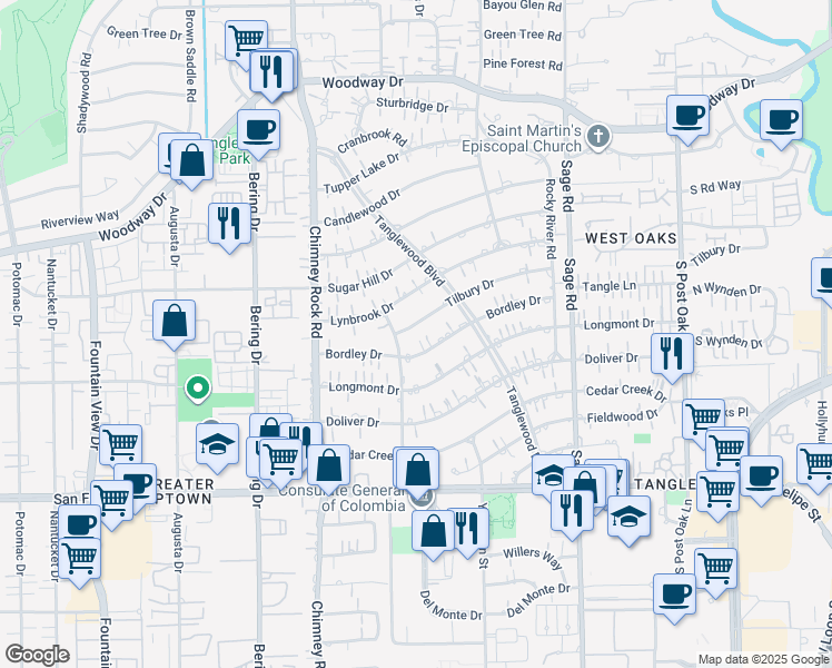map of restaurants, bars, coffee shops, grocery stores, and more near 5565 Tilbury Drive in Houston