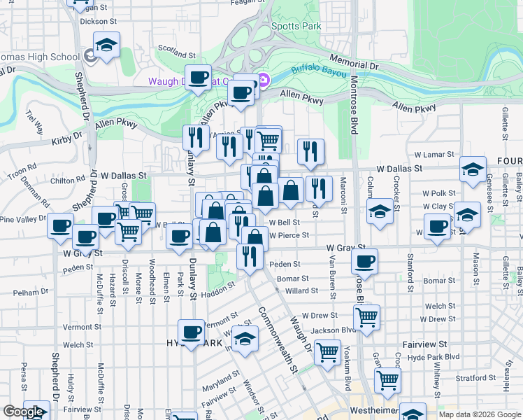 map of restaurants, bars, coffee shops, grocery stores, and more near Waugh Drive & West Clay Street in Houston