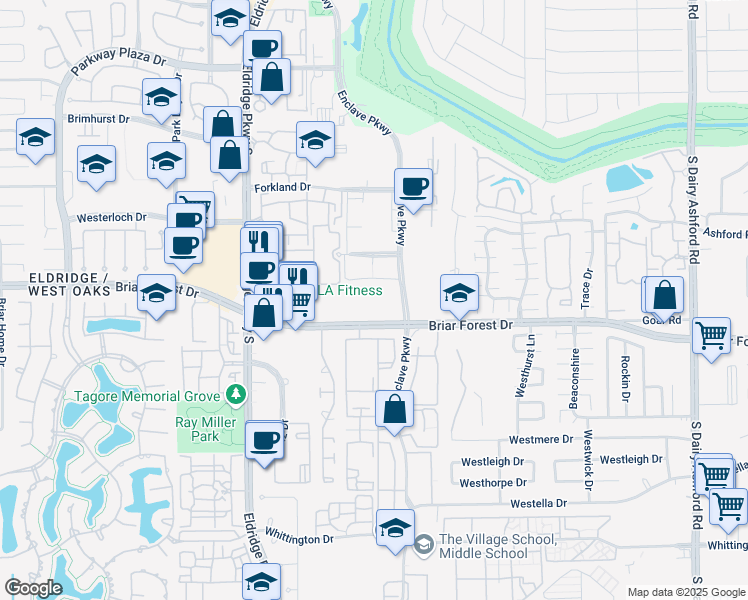 map of restaurants, bars, coffee shops, grocery stores, and more near 1430 Enclave Parkway in Houston