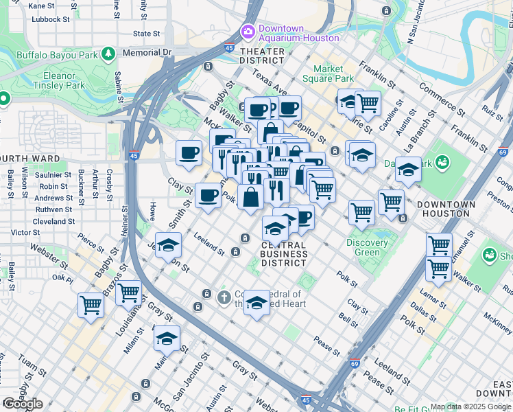 map of restaurants, bars, coffee shops, grocery stores, and more near 916 Dallas Street in Houston