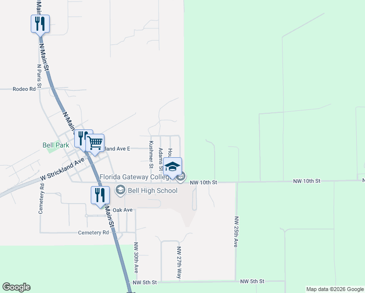 map of restaurants, bars, coffee shops, grocery stores, and more near 1200 Crawford Street in Bell
