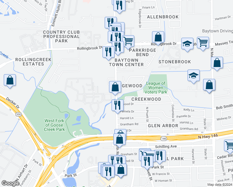 map of restaurants, bars, coffee shops, grocery stores, and more near 926 Northwood Street in Baytown