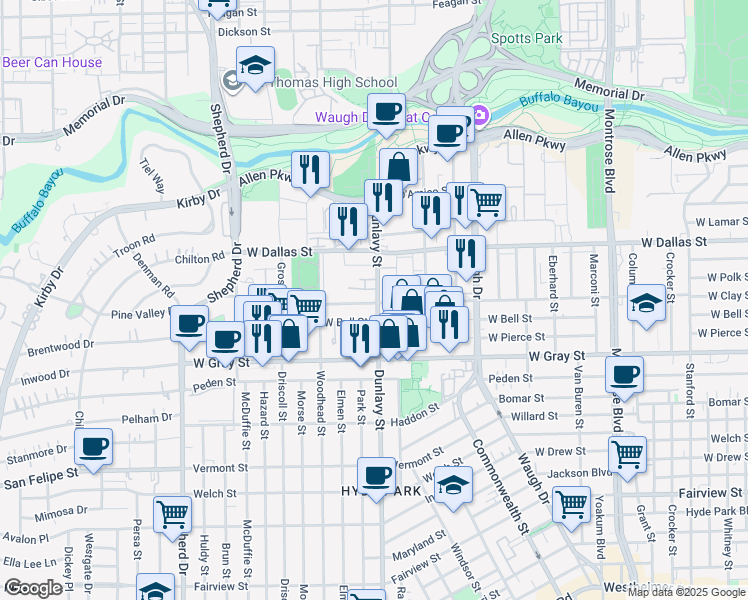 map of restaurants, bars, coffee shops, grocery stores, and more near 1920 West Clay Street in Houston