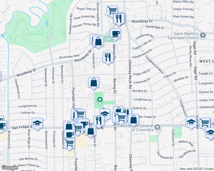 map of restaurants, bars, coffee shops, grocery stores, and more near 1010 Bering Drive in Houston
