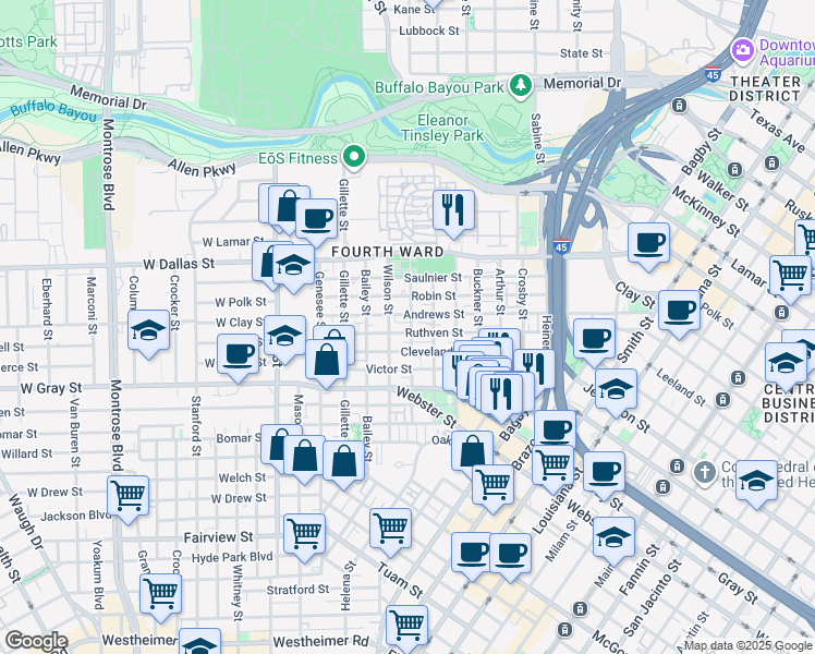 map of restaurants, bars, coffee shops, grocery stores, and more near 1304 Ruthven Street in Houston