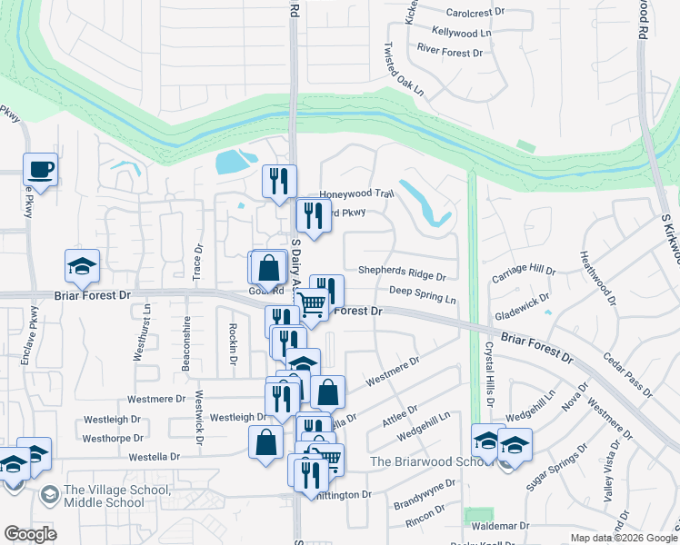 map of restaurants, bars, coffee shops, grocery stores, and more near 1318 Berrywood Lane in Houston