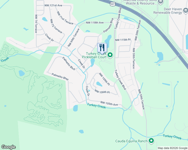 map of restaurants, bars, coffee shops, grocery stores, and more near 6528 Northwest 109th Place in Alachua