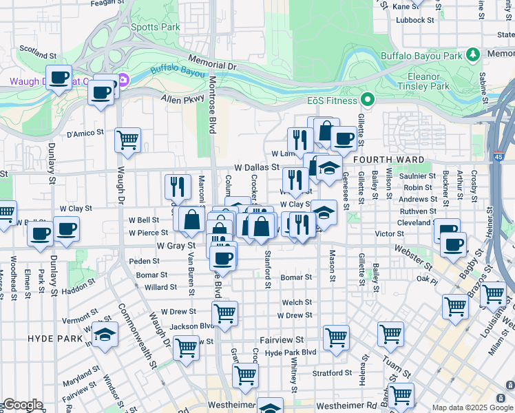 map of restaurants, bars, coffee shops, grocery stores, and more near 709 West Clay Street in Houston