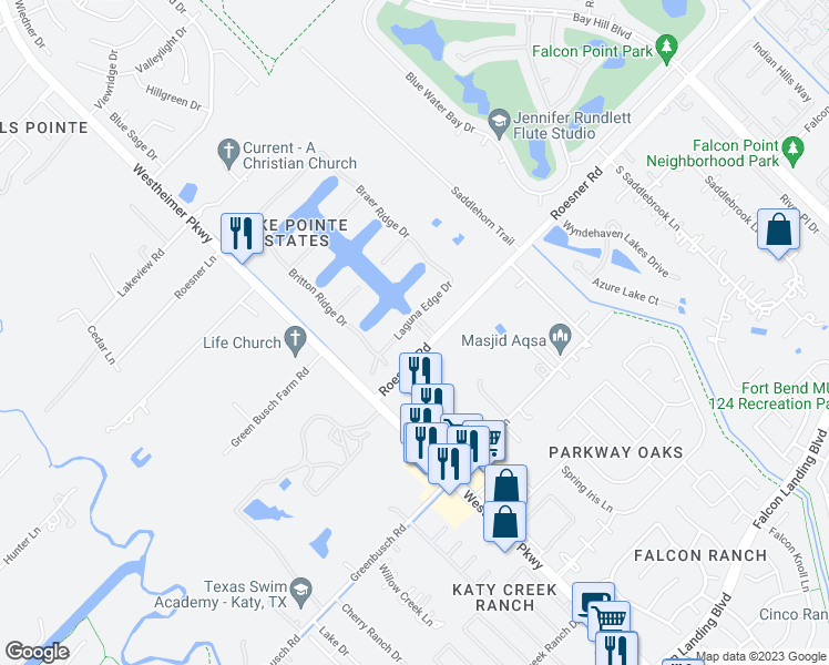 map of restaurants, bars, coffee shops, grocery stores, and more near 24903 Laguna Edge Drive in Katy