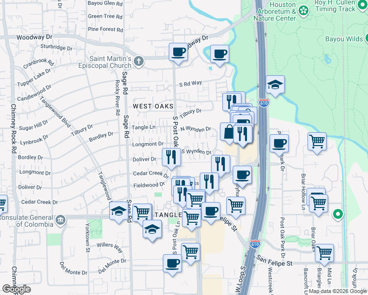 map of restaurants, bars, coffee shops, grocery stores, and more near 10 South Wynden Drive in Houston