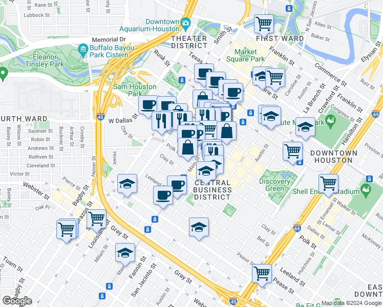 map of restaurants, bars, coffee shops, grocery stores, and more near 1212 Main street in Houston