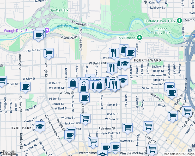 map of restaurants, bars, coffee shops, grocery stores, and more near 709 West Clay Street in Houston