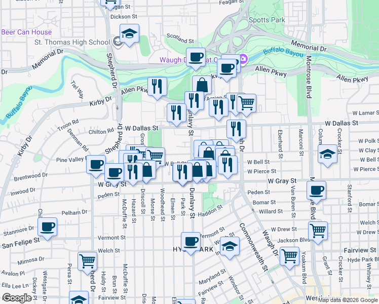 map of restaurants, bars, coffee shops, grocery stores, and more near 1920 West Clay Street in Houston