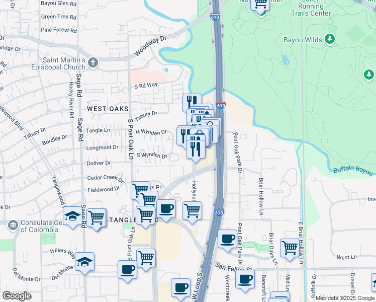 map of restaurants, bars, coffee shops, grocery stores, and more near 1180 Uptown Park Boulevard in Houston