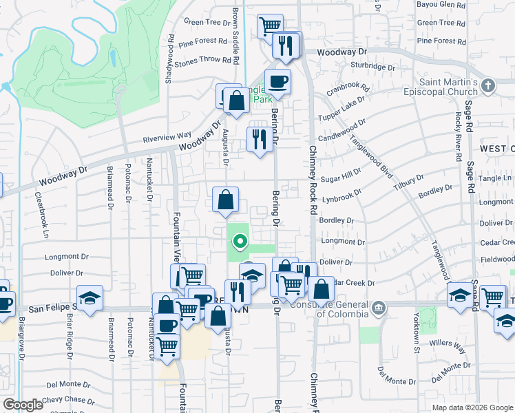 map of restaurants, bars, coffee shops, grocery stores, and more near 1010 Bering Drive in Houston