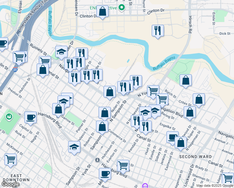 map of restaurants, bars, coffee shops, grocery stores, and more near 3317 Navigation Boulevard in Houston