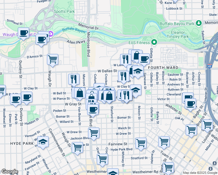 map of restaurants, bars, coffee shops, grocery stores, and more near 709 West Clay Street in Houston