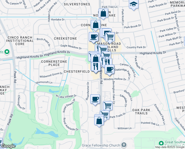 map of restaurants, bars, coffee shops, grocery stores, and more near 1820 Mason Road in Katy