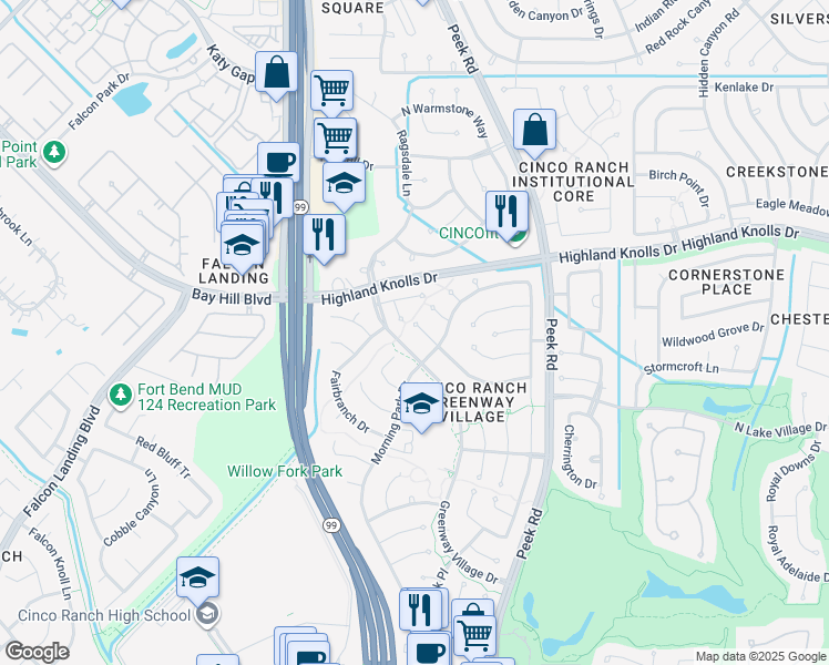 map of restaurants, bars, coffee shops, grocery stores, and more near 23323 Greenrush Drive in Katy
