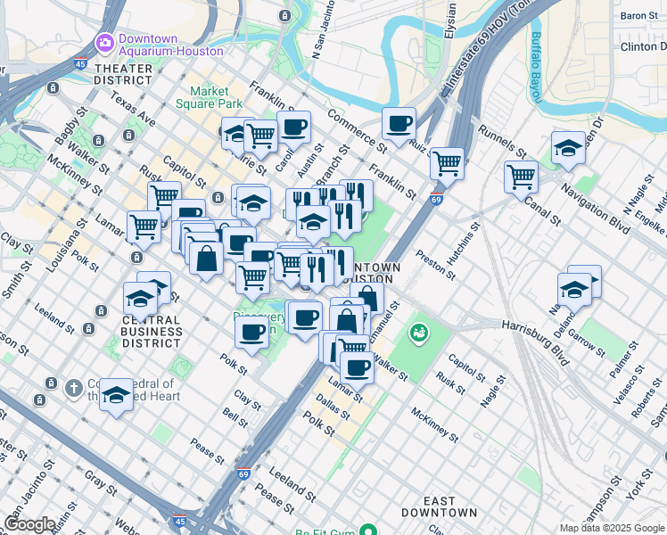 map of restaurants, bars, coffee shops, grocery stores, and more near 1707 Capitol Street in Houston
