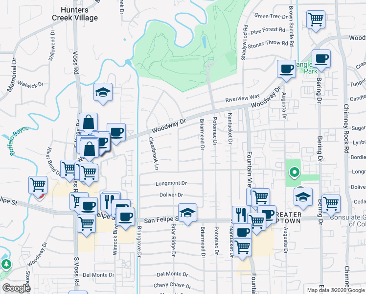 map of restaurants, bars, coffee shops, grocery stores, and more near 6146 Lynbrook Drive in Houston