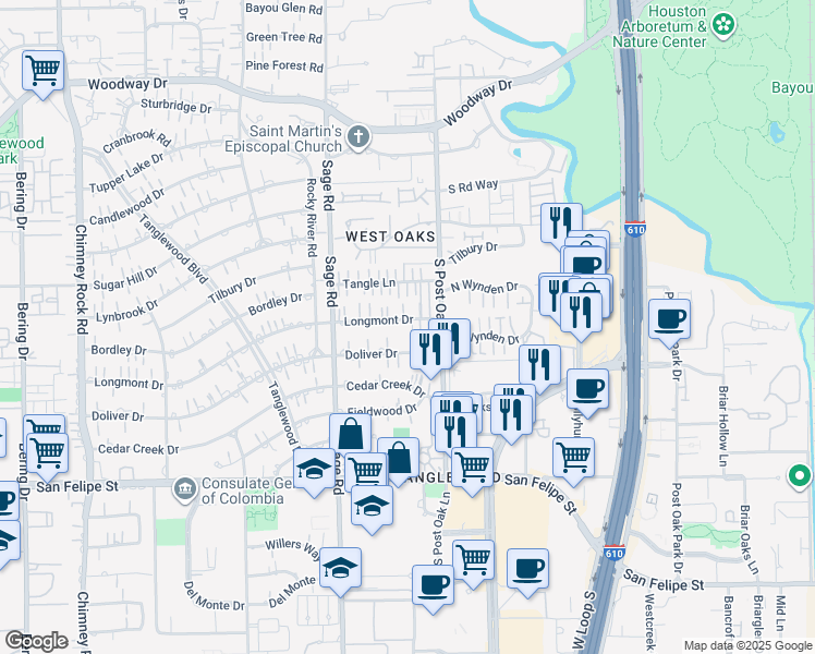 map of restaurants, bars, coffee shops, grocery stores, and more near 5021 Longmont Drive in Houston