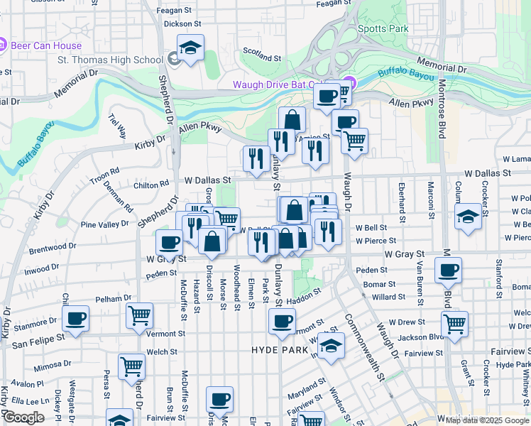 map of restaurants, bars, coffee shops, grocery stores, and more near 1920 West Clay Street in Houston