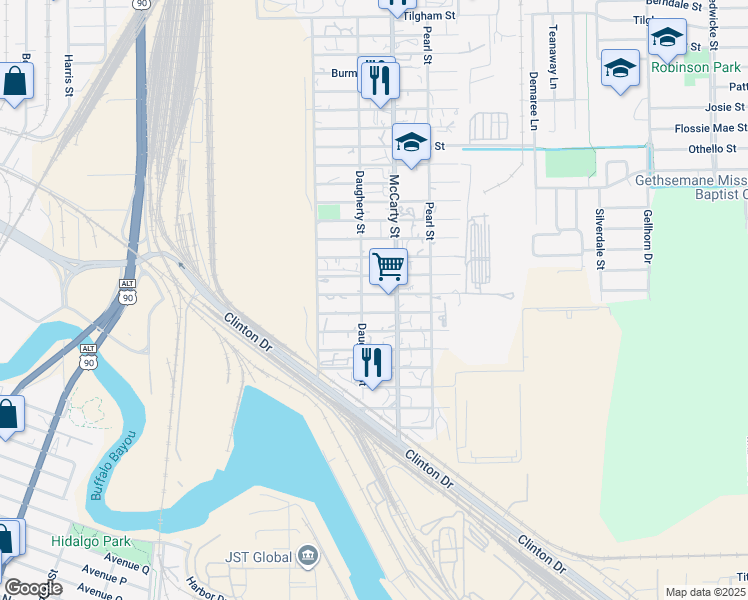 map of restaurants, bars, coffee shops, grocery stores, and more near 8014 Kerr Street in Houston