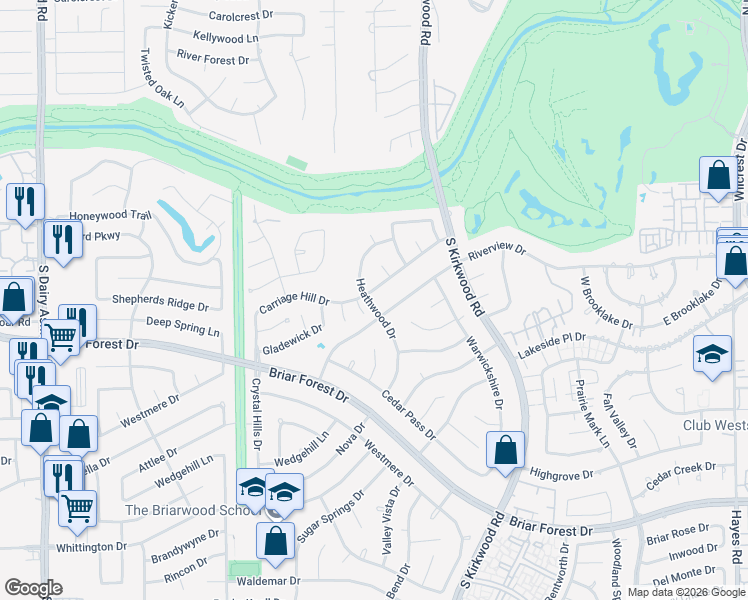 map of restaurants, bars, coffee shops, grocery stores, and more near 11935 Carriage Hill Drive in Houston
