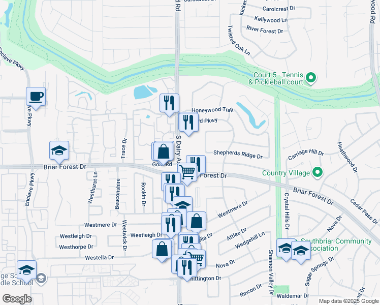 map of restaurants, bars, coffee shops, grocery stores, and more near 1325 S Dairy Ashford St in Houston