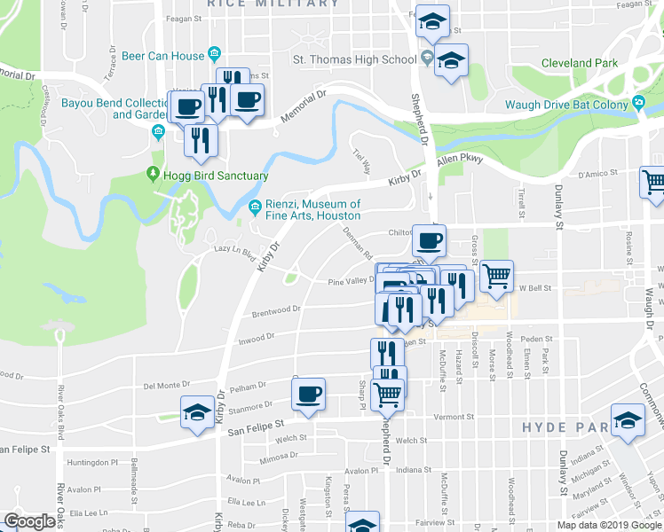 map of restaurants, bars, coffee shops, grocery stores, and more near 2241 Chilton Road in Houston