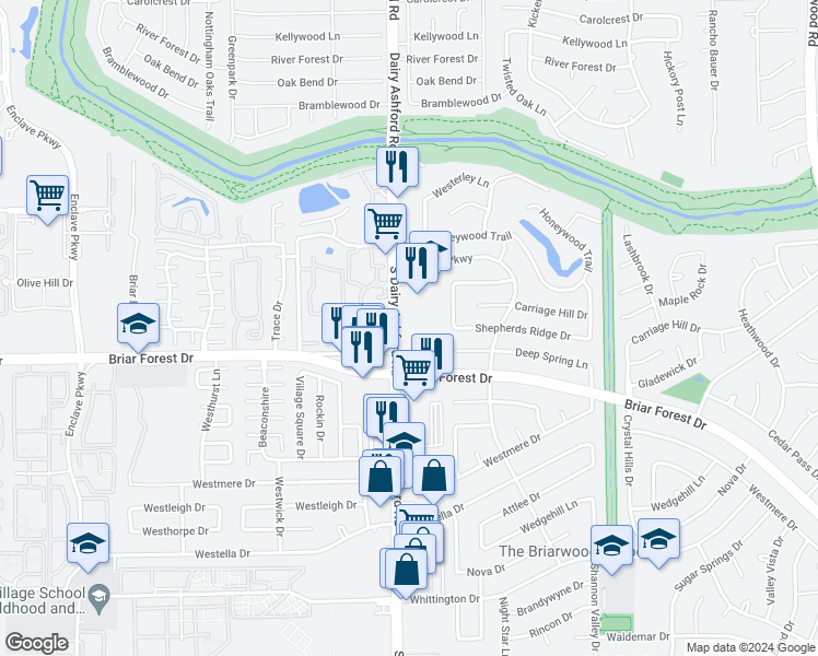 map of restaurants, bars, coffee shops, grocery stores, and more near 1325 South Dairy Ashford Road in Houston