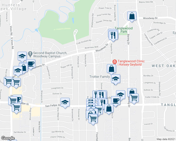 map of restaurants, bars, coffee shops, grocery stores, and more near 1127 Nantucket Drive in Houston
