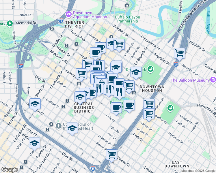 map of restaurants, bars, coffee shops, grocery stores, and more near 1301 McKinney Street in Houston