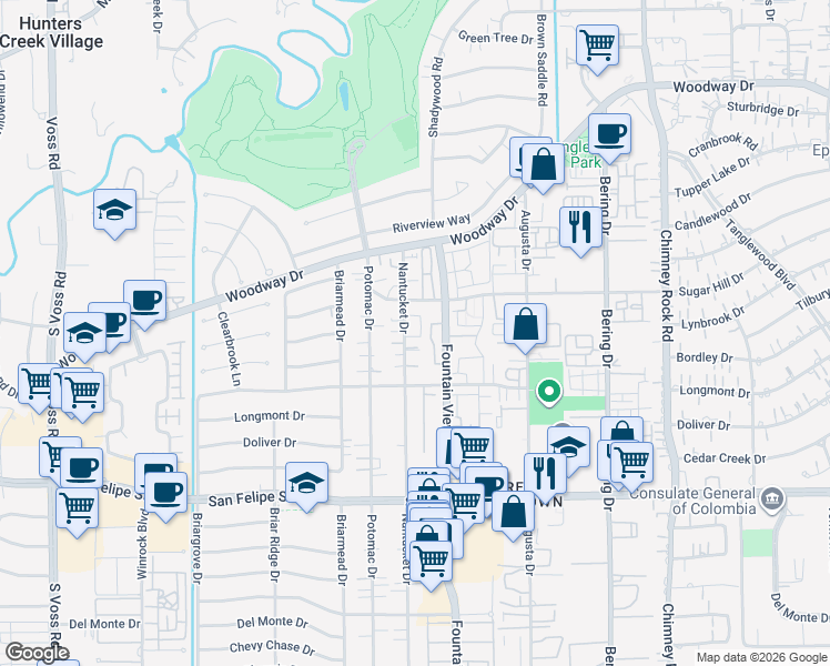 map of restaurants, bars, coffee shops, grocery stores, and more near 1127 Nantucket Drive in Houston
