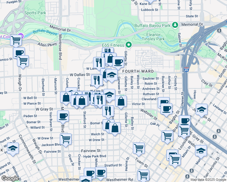 map of restaurants, bars, coffee shops, grocery stores, and more near 1101 Taft Street in Houston