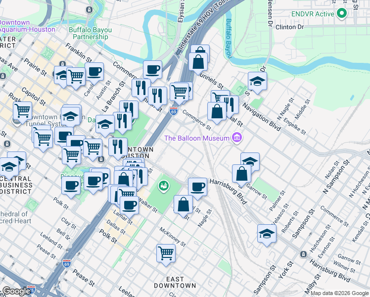 map of restaurants, bars, coffee shops, grocery stores, and more near 2200 Preston Street in Houston