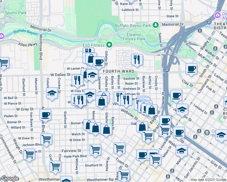map of restaurants, bars, coffee shops, grocery stores, and more near 1315 Bailey St in Houston