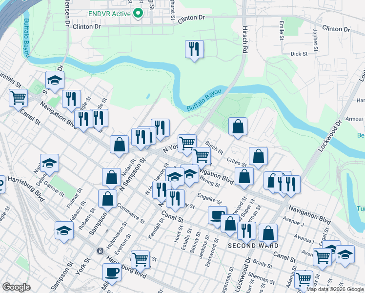 map of restaurants, bars, coffee shops, grocery stores, and more near 443 North Everton Street in Houston