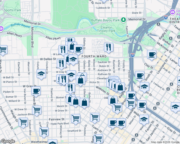 map of restaurants, bars, coffee shops, grocery stores, and more near 1315 Bailey Street in Houston