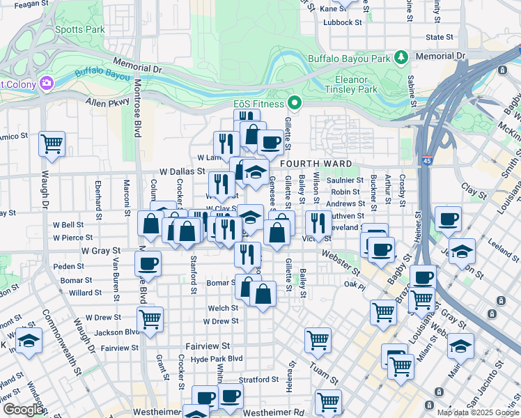 map of restaurants, bars, coffee shops, grocery stores, and more near 1805 Andrews Street in Houston