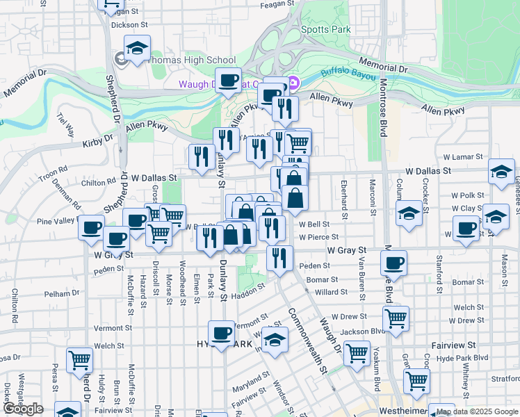 map of restaurants, bars, coffee shops, grocery stores, and more near 1518 West Clay Street in Houston
