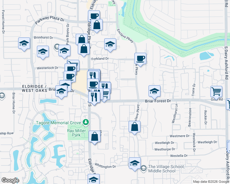 map of restaurants, bars, coffee shops, grocery stores, and more near 13202 Briar Forest Drive in Houston