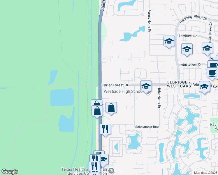 map of restaurants, bars, coffee shops, grocery stores, and more near 14701 Briar Forest Drive in Houston