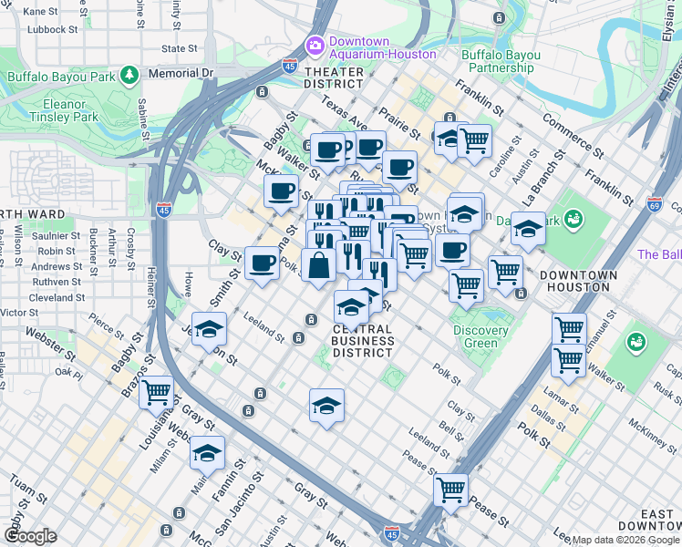 map of restaurants, bars, coffee shops, grocery stores, and more near Main St & Dallas St in Houston